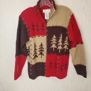 Mandal Bay multi colored forest design intarsia zip up cardigan SZ small